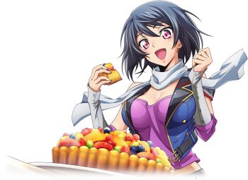 1girl bare_shoulders black_hair blush breasts cleavage code_geass code_geass:_boukoku_no_akito code_geass:_lost_stories commentary_request f4samurai food heart kousaka_ayano large_breasts multiple_girls official_art outdoors purple_eyes scarf short_hair solo