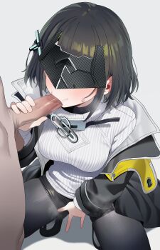 0haribo0 1boy 1girl absurdres arknights arknights:_endfield black_coat black_hair black_pantyhose black_shorts blush breasts censored clothed_female_nude_male coat commentary_request endministrator_(arknights) eye_mask fellatio female_masturbation fingering fingering_through_clothes hetero highres mask masturbation medium_breasts mosaic_censoring nude oral pantyhose pantyhose_under_shorts penis penis_grab ribbed_sweater saliva short_hair short_shorts shorts squatting sweat sweater through_clothes two-sided_coat two-sided_fabric veins veiny_penis white_sweater