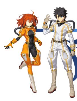 1boy 1girl ahoge armlet belt black_belt black_hair blue_eyes boots breasts clenched_hand closed_mouth crossed_bangs fate/grand_order fate_(series) fujimaru_ritsuka_(female) fujimaru_ritsuka_(female)_(captain_chaldea) fujimaru_ritsuka_(male) fujimaru_ritsuka_(male)_(captain_chaldea) full_body gloves gold_armlet gold_trim grey_boots grey_gloves hair_between_eyes hair_ornament hand_up jewelry juliet_sleeves long_sleeves looking_at_viewer male_focus medium_breasts non-web_source official_alternate_costume official_art one_eye_closed one_side_up orange_gloves puffy_sleeves red_hair short_hair simple_background smile spacesuit standing standing_on_one_leg transparent_background yellow_eyes