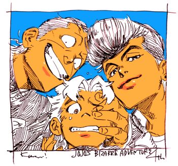 3boys bad_id bad_tumblr_id blue_background close-up from_below gakuran higashikata_josuke hirose_koichi jacket jojo_no_kimyou_na_bouken kotteri looking_at_viewer looking_down male_focus multiple_boys nijimura_okuyasu one_eye_closed partially_colored pompadour school_uniform smile solo thick_eyebrows