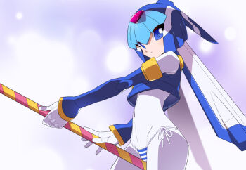 1girl armor bikini bikini_bottom_only blue_armor blue_background blue_bikini blue_eyes blue_helmet cowboy_shot fairy_leviathan_(mega_man) fins forehead_jewel head_fins helmet holding holding_polearm holding_weapon kaidou_zx mega_man_(series) mega_man_zero_(series) polearm side-tie_bikini_bottom simple_background solo striped_bikini striped_clothes swimsuit weapon white_background white_bikini