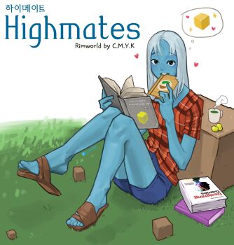 absurdres blue_skin book cmyk-kim colored_skin cover cover_page cube grass heart highmate_(rimworld) highres holding holding_book leaning_back long_hair looking_at_viewer on_grass on_ground pawn_(rimworld) plaid_clothes plaid_shirt reading rimworld shirt shorts smile tea white_hair