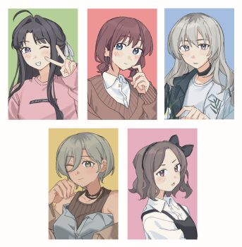 5girls awa_subaru black_bow black_choker black_dress black_hair black_hairband blue_eyes blush bow brown_eyes brown_hair brown_sweater brown_tank_top choker closed_mouth collared_shirt dress dress_shirt ebizuka_tomo fang girls_band_cry grey_eyes grey_hair grey_shirt hair_between_eyes hair_bow hair_intakes hairband highres iseri_nina jenjen kawaragi_momoka long_hair long_hair_between_eyes long_sleeves low_twintails mole mole_under_eye multicolored_hair multiple_girls off_shoulder one_eye_closed open_mouth parted_bangs pinafore_dress pink_shirt purple_eyes red_eyes roots_(hair) rupa_(girls_band_cry) shirt short_hair short_twintails skin_fang sleeveless sleeveless_dress sweater tank_top togenashi_togeari twintails v white_shirt
