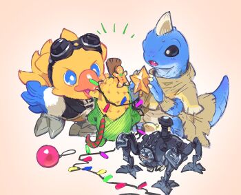 1boy alpha_(ff14) black_eyes blue_eyes bright_pupils candy candy_cane chocobo christmas christmas_ornaments corn decorating eating final_fantasy final_fantasy_xiv food gingerbread_man goggles goggles_on_head gulool_ja horns kmitty looking_at_another mamool_ja no_humans omega_(final_fantasy) open_mouth orange_background reptile_boy robot single_horn single_tooth sweatdrop the_cornservant white_pupils
