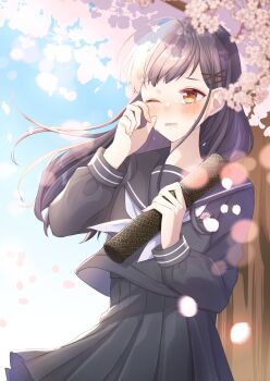 1girl absurdres black_sailor_collar blue_sky cherry_blossoms commentary_request cowboy_shot flower hair_ornament hairclip highres one_eye_closed open_mouth original outdoors pink_flower pink_rose pleated_skirt purple_hair rose sailor sailor_collar sakura_yuto school_uniform skirt sky solo tearing_up tree