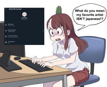 1girl brown_hair brown_shorts cactus chair cloudxmoe commentary computer_keyboard computer_mouse desk english_commentary english_text highres kagari_atsuko little_witch_academia long_hair monitor office_chair shirt short_sleeves shorts simple_background sitting solo speech_bubble swivel_chair twitter typing v-shaped_eyebrows white_background white_shirt wide-eyed