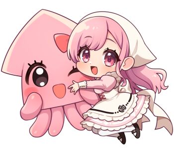 1girl :d apron artist_request asymmetrical_bangs back_bow black_shoes bow breasts chibi chibi_only commentary corset creature dot_nose dress full_body happy hat highres hug indie_virtual_youtuber juliet_sleeves knees_up light_blush long_hair long_sleeves looking_at_viewer maid mary_janes mascot open_mouth pantyhose pink_dress pink_eyes pink_hair pink_theme puffy_sleeves raised_eyebrows ribbon shoes side_part simple_background small_breasts smile squid transparent_background white_apron white_hat white_pantyhose white_ribbon