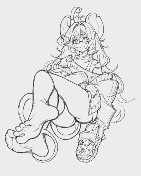 1girl 2025 :3 ahoge animal_ears ass bare_legs barefoot bike_shorts blush border closed_mouth clothes_writing crocs curly_hair feet female_focus foot_focus foreshortening glasses gluteal_fold grey_background hair_intakes hair_ornament hand_up hashtag-only_commentary highres holding indie_virtual_youtuber invisible_chair jacket knees_up legs long_hair long_sleeves looking_at_viewer messy_hair mole mole_under_mouth monochrome mouse_ears mouse_girl nail_polish off_shoulder ririgaki ruithebigp semi-rimless_eyewear shorts simple_background sitting sleeves_past_fingers sleeves_past_wrists soles solo toes very_long_hair virtual_youtuber