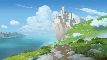 blue_sky building bush castle cliff cloud cloudy_sky commentary_request day field fog grass highres hill no_humans ocean original outdoors path road scenery shadow shore sky sky_focus sunlight water wengcang_hefeng