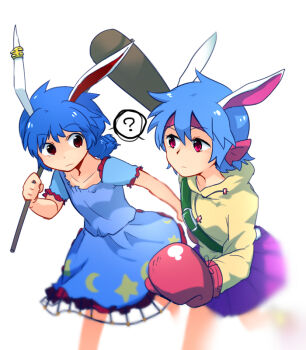 10s 2girls animal_ears bad_id bad_pixiv_id blue_dress blue_hair boxing_gloves bunny_(trickster) dress earclip kine long_hair look-alike mallet multiple_girls puffy_sleeves rabbit_ears red_eyes seiran_(touhou) shikushiku_(amamori_weekly) short_hair short_sleeves skirt touhou trickster_(ntreev_soft)