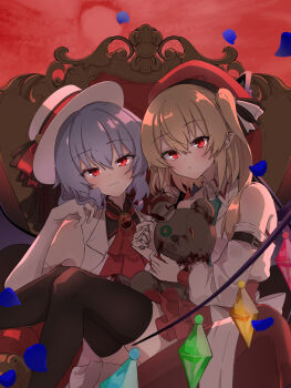 Rule 34 | 2girls, alternate costume, alternate headwear, ascot, bat wings, black thighhighs, blonde hair, blood, blue hair, blue petals, blush, brooch, closed mouth, commentary request, crystal, crystal wings, detached sleeves, falling petals, flandre scarlet, hat, hat ribbon, highres, jewelry, long hair, looking at viewer, multicolored wings, multiple girls, one side up, petals, pointy ears, red ascot, red eyes, red hat, red skirt, remilia scarlet, ribbon, shirataki oden2, shirt, siblings, sisters, sitting, sitting on lap, sitting on person, sitting on throne, skirt, sleeveless, sleeveless shirt, smile, stuffed animal, stuffed toy, stuffing, teddy bear, thighhighs, throne, touhou, white hat, white shirt, wings
