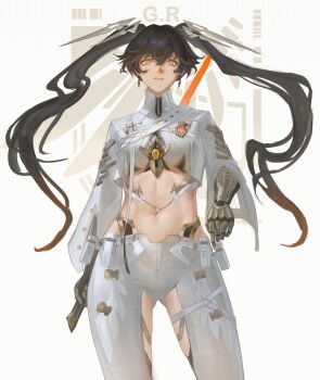 1girl absurdres badge button_badge clothing_cutout colored_tips commentary_request cowboy_shot cropped_shirt crossed_bangs earrings emblem gluteal_fold gradient_background gradient_hair hair_between_eyes headgear highres holding holding_sword holding_weapon jewelry linea_alba long_hair looking_at_viewer looking_down lower_lip_only lucia:_pyroath_(pgr) lucia_(pgr) mechanical_arms multicolored_hair navel orange_eyes pants parted_lips polka_dot polka_dot_background punishing:_gray_raven reverse_grip shijiechu shirt skindentation solo stomach straight-on sword thigh_cutout thigh_strap twintails weapon white_background white_pants white_shirt