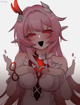 1girl absurdres bare_shoulders breasts cyrene_(honkai:_star_rail) cyrene_(ripples_of_past_reverie)_(honkai:_star_rail) dress flower hair_flower hair_ornament hand_on_own_chest highres honkai:_star_rail honkai_(series) irontomb jewelry large_breasts long_hair looking_at_viewer open_mouth pink_hair pointy_ears red_eyes ring simple_background solo textless_version very_long_hair wedding_ring white_background white_dress wifi_saga