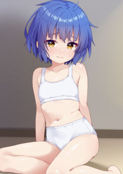 1girl barefoot blue_hair blush bra closed_mouth commentary_request frown gochuumon_wa_usagi_desu_ka? highres indoors jouga_maya looking_at_viewer navel on_floor panties partial_commentary short_hair sitting solo training_bra underwear white_bra win_opz yellow_eyes yokozuwari