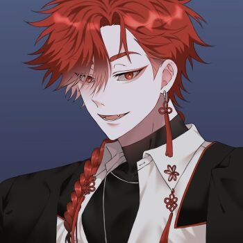 0727x0823 1boy :d black_coat black_shirt blue_background braid braided_ponytail chinese_knot coat coat_on_shoulders collared_shirt commentary_request earrings fang hair_between_eyes hair_over_shoulder highres jewelry korean_commentary long_hair looking_at_viewer makeup male_focus necklace open_mouth red_eyes red_hair shiguang_dailiren shirt simple_background single_braid single_earring smile solo tassel tassel_earrings teeth turtleneck undershirt upper_body white_shirt xiao_weiying