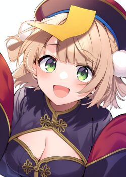 1girl :d blonde_hair blush breasts china_dress chinese_clothes cleavage_cutout clothing_cutout dress green_eyes hair_ornament hair_rings hands_up hat indie_virtual_youtuber jiangshi_costume kuronekoron looking_at_viewer medium_breasts ofuda ofuda_on_head open_mouth pom_pom_(clothes) pom_pom_hair_ornament portrait purple_dress purple_hat qingdai_guanmao shigure_ui_(vtuber) short_hair simple_background smile solo virtual_youtuber white_background