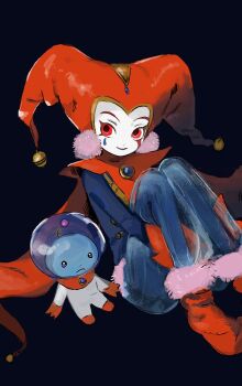 1boy 1girl alien anniversary black_background blue_skin chrono_cross closed_mouth colored_skin eyelashes harle_(chrono_cross) helmet highres jester kebe6p red_eyes red_shoes shoes sitting space_helmet starky_(chrono_cross) white_skin