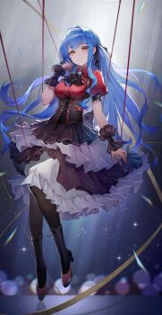 1girl absurdres alk_1073761076 ascot bang_dream! bang_dream!_it&#039;s_mygo!!!!! black_ascot block_heels blue_gemstone blue_hair boots breasts closed_mouth collared_shirt commentary corset criss-cross_strings gem gloves gold_ribbon gold_trim hand_up high_heel_boots high_heels highres layered_skirt lens_flare light_particles long_hair looking_at_viewer medium_breasts oblivionis_(bang_dream!) pantyhose red_shirt see-through_clothes see-through_gloves shirt short_sleeves sidelocks skirt smile solo sparkle stage string togawa_sakiko two_side_up very_long_hair wrist_cuffs yellow_eyes