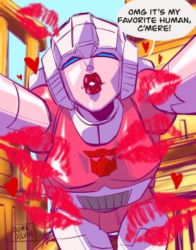 1girl arcee autobot blue_eyes breasts dumbdelvon english_text highres humanoid_robot image_sample kiss mecha medium_breasts pov red_lips robot science_fiction solo speech_bubble thick_lips transformers twitter_sample