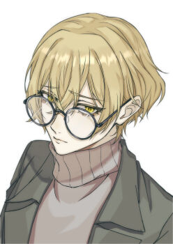 1boy blonde_hair coat double-parted_bangs glasses green_coat hair_between_eyes highres limbus_company looking_at_viewer male_focus n_nigiri nervous project_moon short_hair sinclair_(project_moon) solo turtleneck upper_body yellow_eyes zwei_association_south_uniform