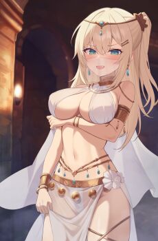1girl absurdres armlet bangle bare_shoulders blonde_hair blue_eyes bracelet breasts cape circlet cleavage collar commentary_request commission cowboy_shot dancer earrings fang gold_collar hair_ornament hairclip half_updo harem_outfit highres indoors jewelry korean_commentary large_breasts long_hair looking_at_viewer midriff mouth_veil navel open_mouth original pelvic_curtain revealing_clothes second-party_source see-through_clothes see-through_pelvic_curtain sling_bikini_top smile solo stomach thighs v-shaped_eyebrows veil ysoa26