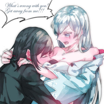 2girls :o annoyed bare_shoulders black_hair blue_dress blue_eyes blush breasts cleavage closed_eyes clothes_grab clothes_pull collarbone dress english_text formal_clothes from_side full-face_blush grey_eyes hood hoodie jewelry kiss long_hair long_sleeves milk_puppy multiple_girls necklace off-shoulder_dress off_shoulder pendant profile red_hair ruby_rose rwby short_hair simple_background suit surprised weiss_schnee white_background white_hair yuri