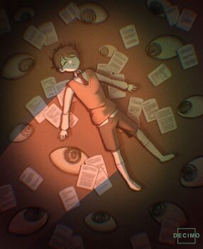 1boy black_hair black_shorts brown_vest closed_eyes collared_shirt crack_of_light highres kim_dokja lying male_focus nadardoh necktie oldest_dream omniscient_reader&#039;s_viewpoint on_back on_floor outstretched_arms paper red_necktie shirt short_hair shorts socks solo too_many_eyes too_many_papers vest white_shirt white_socks