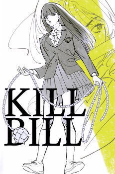 Rule 34 | 1girl, ball and chain (weapon), black hair, chewing gum, commentary, english commentary, english text, full body, greyscale, highres, holding, holding weapon, kill bill, long hair, monochrome, pankepen, pleated skirt, ribbon, school uniform, simple background, skirt, weapon, yuubari gogo