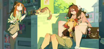 3girls absurdres black_nails bug can cat crop_top enna_(togekk0) glasses highres holding long_hair lyra_(togekk0) multiple_girls original phone pink_eyes shirt short_hair smile sweater_vest t-shirt teeth togekk0 yellow_eyes