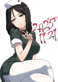 Rule 34 | 1girl, black hair, blood, blue eyes, blush, breasts, buchikaki, commentary request, girls und panzer, hat, highres, large breasts, long hair, looking at viewer, nonna (girls und panzer), nurse, nurse cap, pantyhose, simple background, smile, solo, syringe, white background, white pantyhose