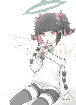 1girl black_bow black_hair black_shorts black_thighhighs bow bubble_tea choker colored_inner_hair commentary drink drinking drinking_straw english_commentary flying_nimbus green_bow hair_bow hair_ornament hairclip highres holding holding_drink looking_at_viewer multicolored_hair multiple_hair_bows multiple_hair_clips nullkurage off-shoulder_sweater off_shoulder pink_bow red_eyes rokudu_sariel shirt short_twintails shorts single_bare_shoulder sitting sleeveless sleeveless_shirt solo sweater thighhighs twintails white_background white_shirt white_sweater white_wings wings zenless_zone_zero