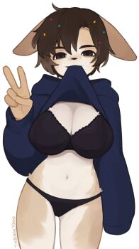 1girl artist_name black_bra black_eyes black_hoodie black_panties bra breasts brown_hair clothes_lift cowboy_shot cupcake_(yoako) hand_up highres hood hood_down hoodie hoodie_lift large_breasts navel original panties short_hair simple_background smile solo stomach underwear v white_background yoako