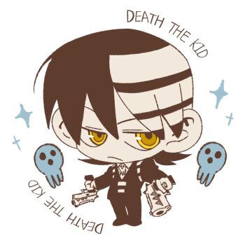 Rule 34 | 1boy, black hair, black jacket, catfish05, character name, chibi, chibi only, closed mouth, death the kid, full body, gangsta hold, gun, handgun, hashtag-only commentary, highres, holding, holding gun, holding weapon, jacket, looking to the side, male focus, pants, short hair, simple background, skull brooch, skull ring, solo, soul eater, sparkle, standing, striped hair, weapon, white background, yellow eyes
