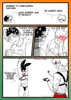 4koma armpits ass_freckles bakudeku bakugou_katsuki bare_legs birthday birthday_present blush body_freckles boku_no_hero_academia bones_(company) comic curly_hair evil_eyes evil_grin evil_smile freckles gift grin highres legs mask masochism messy_hair midoriya_izuku muscular pectorals rabbit_mask rabbit_tail sado_masochism scar scar_on_arm scar_on_body shounen_jump smile spanish_text spiked_hair thong vero_gisse whip yaoi