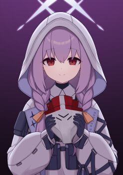 1girl absurdres atsuko_(blue_archive) blue_archive braid closed_mouth commentary_request destiny_(game) gloves hair_between_eyes halo highres holding hood long_hair looking_at_viewer purple_hair red_eyes smile solo tagme twin_braids zddma20