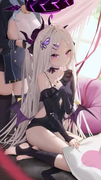 2girls absurdres ako_(blue_archive) alternate_costume alternate_hairstyle black_halo blue_archive blue_hair blush breasts commentary demon_girl demon_horns demon_wings fangfangtu halo highres hina_(blue_archive) horns indoors long_hair looking_at_viewer low_wings medium_hair multiple_girls panties purple_eyes purple_panties sitting small_breasts underwear very_long_hair wings