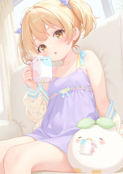 1girl blonde_hair blush breasts couch creature cup dress highres holding holding_cup indoors long_hair looking_at_another looking_at_viewer minami_mii off_shoulder on_couch open_mouth original purple_dress rebun sitting small_breasts solo sweater twintails yellow_eyes yellow_sweater