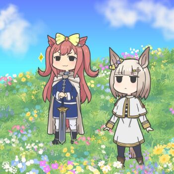 agnes_digital_(umamusume) animal_ears black_boots black_pantyhose blue_sky blue_tunic blunt_bangs blush boots bow brown_boots cape capelet closed_mouth cloud commentary_request cosplay day dress ear_flower flower frieren frieren_(cosplay) frown grey_hair hair_bow hair_flower hair_ornament hairclip happy_meek_(umamusume) himmel_(sousou_no_frieren) himmel_(sousou_no_frieren)_(cosplay) holding holding_sword holding_weapon horse_ears horse_girl horse_tail long_hair long_sleeves mr._ebidou multiple_girls outdoors pants pantyhose pink_hair short_hair sky smile sousou_no_frieren sparkle sword tail tunic umamusume weapon white_cape white_capelet white_dress white_pants