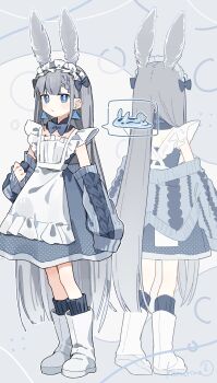 1girl absurdres apron boots bow bowtie dress earrings frilled_apron frills full_body grey_bow grey_bowtie grey_dress grey_hair grey_socks highres jacket jewelry knit_jacket komerina long_hair long_sleeves looking_at_viewer maid maid_apron maid_headdress multiple_views off_shoulder open_clothes open_jacket original sea_slug sea_slug_ears sea_slug_girl sleeveless sleeveless_dress sleeves_past_fingers sleeves_past_wrists socks standing triangle_earrings very_long_hair white_apron white_boots