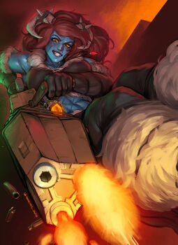 Rule 34 | 1girl, abs, absurdres, anonarts, bare shoulders, black boots, black gloves, black tank top, blue lips, blue skin, boots, breasts, bullet, cleavage, clenched teeth, colored skin, commentary, crystal necklace, demon girl, demon horns, elbow gloves, english commentary, facial scar, feet out of frame, female orc, fire, firing, from below, fur-trimmed boots, fur-trimmed crop top, fur-trimmed gloves, fur trim, gatling gun, gloves, grey horns, gun, hedon bloodrite, highres, holding, holding gun, holding weapon, horns, large breasts, lips, long hair, looking down, midriff, minigun, mole, mole above mouth, multiple scars, muscular, muscular female, nose, open mouth, orc, paid reward available, red hair, scar, scar on cheek, scar on face, scar on stomach, solo, spiked horns, sweat, tank top, teeth, thigh boots, twitter username, weapon, yellow eyes, zan (hedon)