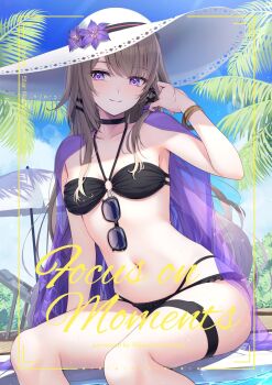 1girl bikini black_bikini black_choker blue_eyes bracelet breasts brown_hair choker comiket_106 commentary_request eyewear_hang hat herta_(honkai:_star_rail) highres honkai:_star_rail honkai_(series) jewelry long_hair navel poolside purple_eyes sakuno_(sksk_sakuno) sitting small_breasts smile solo stomach sun_hat sunglasses swimsuit the_herta_(honkai:_star_rail) thigh_strap thighs unworn_eyewear very_long_hair white_hat