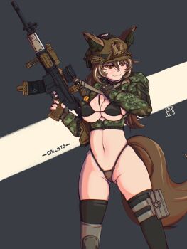 animal_ears armband assault_rifle breasts brown_eyes cadpat callisto_(greyeth) character_name colt_canada_c7 crop_top fang fox_ears fox_girl fox_tail gun gun_sling helmet highres hovis knee_pads large_breasts panties pouch rifle simple_background tail thigh_pouch thighhighs underwear weapon yellow_armband