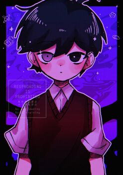 1boy antenna_hair black_eyes black_hair black_sweater_vest closed_mouth collared_shirt double-parted_bangs expressionless grey_eyes hair_between_eyes heterochromia highres imo_mo_0 looking_at_viewer male_focus omori shirt short_hair short_sleeves solo spoilers sunny_(omori) sweater_vest upper_body watermark white_shirt