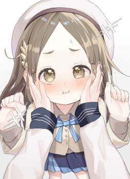 2girls :i absurdres beret blue_overskirt blue_skirt blush brown_hair commentary_request female_pov gakuen_idolmaster hands_on_another&#039;s_cheeks hands_on_another&#039;s_face hat hatsuboshi_gakuen_school_uniform highres idolmaster jacket kuramoto_china long_sleeves looking_at_viewer multiple_girls noko_(nowako33) parted_bangs pleated_skirt pov pov_hands school_uniform shinosawa_hiro simple_background skirt sweatdrop white_background white_hat white_jacket
