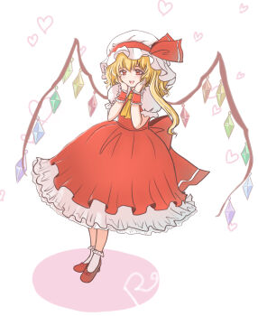 Rule 34 | 1girl, ascot, blonde hair, blush, bow, collared shirt, commentary, contrast collar, crystal wings, flandre scarlet, footwear bow, frilled skirt, frilled sleeves, frilled socks, frilled wrist cuffs, frills, hands on own cheeks, hands on own face, hat, hat ribbon, heart, highres, medium hair, mob cap, puffy short sleeves, puffy sleeves, red eyes, red ribbon, red shoes, red skirt, red vest, red wrist cuffs, rgley, ribbon, shirt, shoes, short sleeves, skirt, socks, solo, standing, touhou, vest, white background, white hat, white shirt, white socks, wings, wrist cuffs, yellow ascot