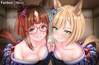 1boy 2girls absurdres animal_ears blonde_hair blue_nails blunt_bangs blush breasts breath brown_hair cleavage commentary_request commission fingernails glasses green_eyes grin highres horse_ears horse_girl horse_tail indoors interlocked_fingers large_breasts little_cocon_(umamusume) looking_at_viewer medium_breasts multicolored_hair multiple_girls nekroz7 off_shoulder paid_reward_available pixiv_commission pov red-framed_eyewear red_eyes red_nails roots_(hair) short_hair smile tail trainer_(umamusume) transcend_(umamusume) umamusume upper_body