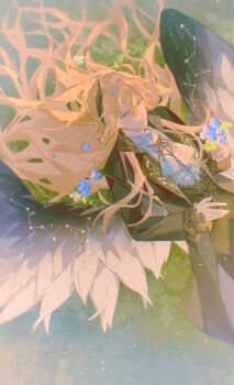 1boy absurdres alkaid_mcgrath alkaid_mcgrath_(until_the_end_of_time) angel_wings ascot black_coat black_pants black_vest black_wings blonde_hair blue_flower chinese_commentary closed_mouth coat commentary_request constellation earrings expressionless feather_hair_ornament feathered_wings feathers flower frilled_sleeves frills gradient_wings green_eyes hair_between_eyes hair_ornament hair_spread_out half_updo hand_on_own_stomach highres holding holding_flower jewelry lapels light_particles long_hair long_sleeves lovebrush_chronicles lying male_focus multicolored_wings notched_lapels on_back on_grass open_clothes open_coat pants petal_on_head petals shirt sideways_glance single_earring solo star_(symbol) star_earrings tengyuan_bei_ze upper_body vest wavy_hair white_ascot white_shirt white_wings wings