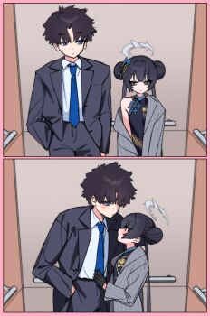 1boy 1girl absurdres black_eyes black_gloves black_hair blue_archive blue_eyes blue_necktie china_dress chinese_clothes dress formal_clothes gloves highres jacket je_o_mo kisaki_(blue_archive) long_hair necktie profile sensei_(blue_archive) short_hair suit suit_jacket