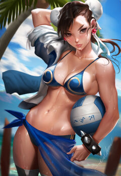 1girl adapted_costume arm_behind_head arm_up artist_name ball bare_shoulders bikini blue_bikini blue_sky blurry blurry_background bracelet breasts brown_eyes brown_hair bun_cover capcom chun-li cleavage coconut_tree collarbone day double_bun dutch_angle earrings female_focus hair_bun highres holding holding_ball jewelry looking_at_viewer md5_mismatch medium_breasts navel outdoors palm_tree resized resolution_mismatch sakimichan sarong see-through_clothes short_hair sideboob signature sky solo source_request spiked_bracelet spikes standing stomach street_fighter swimsuit thighhighs tied_skirt tree upscaled volleyball_(object) water water_drop watermark wet