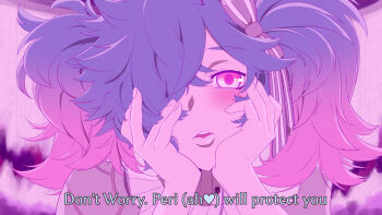 1girl blue_hair blush commentary english_commentary english_text fire_emblem fire_emblem_fates gradient_hair hair_over_one_eye hands_on_own_cheeks hands_on_own_face lithety looking_at_viewer medium_hair mirai_nikki multicolored_hair nintendo peri_(fire_emblem) pink_hair red_eyes solo twintails two-tone_hair yandere_trance